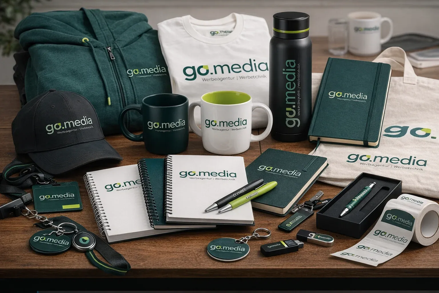 Impressum und rechtliche Angaben der Werbeagentur go.media, illustriert mit bedruckten Werbeartikeln.
