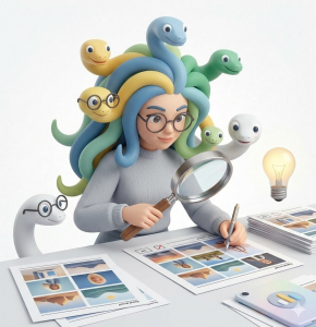 Eine stilisierte Medusa-Figur führt eine SEO Content Analyse mit einer Lupe an Bild-Layouts durch.